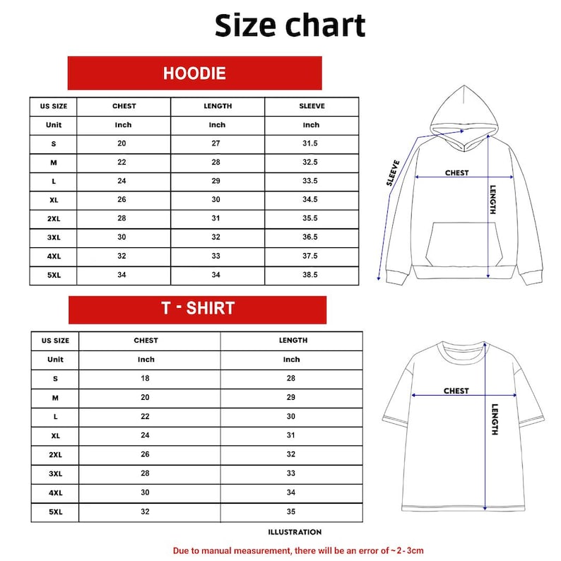 以下が含まれることがあります： フードとTシャツのサイズチャート。インチ単位の測定値。Sから5XLまでのさまざまなサイズの胸囲、着丈、袖丈の寸法が含まれています。フードとTシャツのイラストも含まれています。