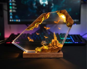 Fantasy Resin Epoxy Lamp, LED Night Light Bat Cave Castle, Gothic Desk Lamp, Halloween Decor, Gaming Room Light, Unique Gift for Him
