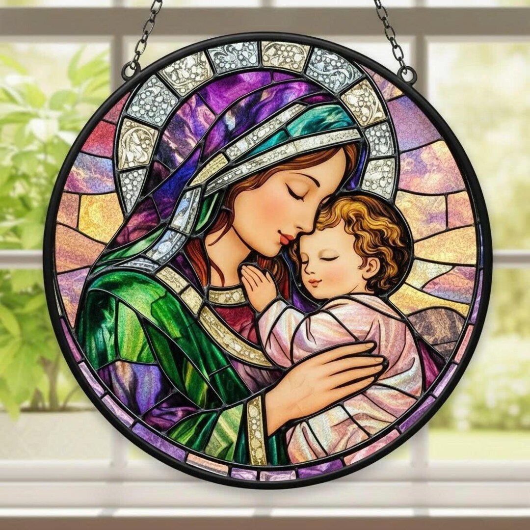 Virgin Mary Stained Glass Suncatcher, Christian Wall Art, Baby Jesus ...
