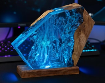 Resin lamp deep blue sea, epoxy resin night light, color changing resin wood lamp, transparent resin lamp, bedside lamp