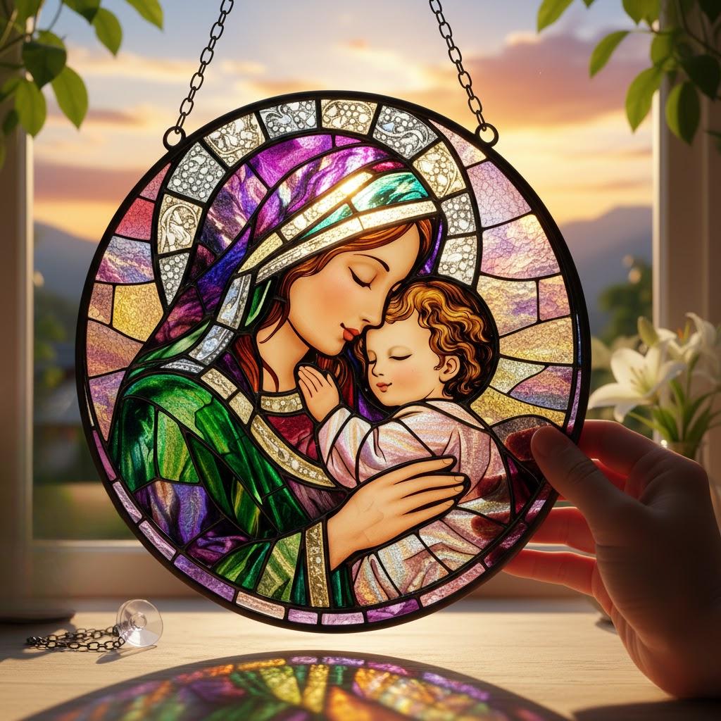 Virgin Mary Stained Glass Suncatcher, Christian Wall Art, Baby Jesus ...
