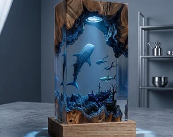 Ocean Explorer Resin Wood Lamp - Featuring Whale Shark and Divers - Perfect for Nautical Decor and Gifts, Mother's Day Gift for Mom