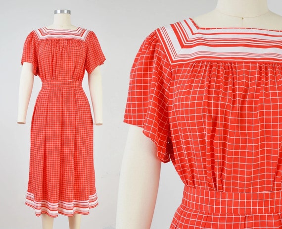 Vintage 80s Coord Set Skirt Blouse Grid Red & Whi… - image 1