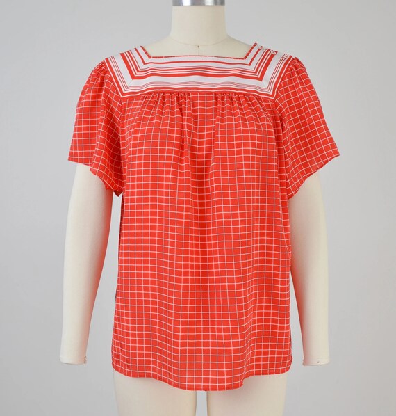 Vintage 80s Coord Set Skirt Blouse Grid Red & Whi… - image 5