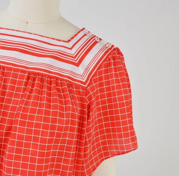 Vintage 80s Coord Set Skirt Blouse Grid Red & Whi… - image 4