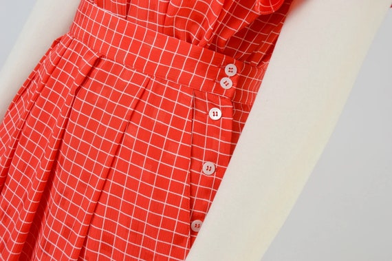Vintage 80s Coord Set Skirt Blouse Grid Red & Whi… - image 2