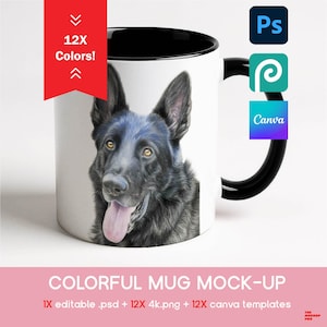 Könnte beinhalten: Weißer Keramikbecher mit schwarzem Innenraum und Henkel, mit einer detaillierten Illustration eines schwarzen Deutschen Schäferhundes. Der Becher hat den Text "COLORFUL MUG MOCK-UP" und Symbole für Photoshop, Photopea und Canva.