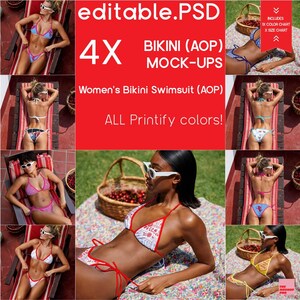 Cherry Red Swimwear/Women’s Bikini Swimsuit (AOP) Mockup Bundle | Editable PSD + PNG | Flatlay Lifestyle Mockups for Printify pod