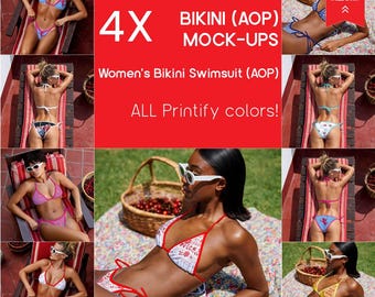 Körsbärsröd bikini baddräkt mockup-paket | Printify PSD + PNG