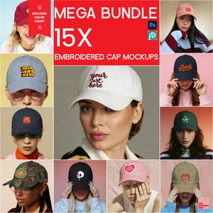 Könnte beinhalten: Eine Sammlung von Mockups für bestickte Kappen. Die Kappen sind in verschiedenen Farben erhältlich, darunter Rot, Blau, Weiß und Grün. Einige Kappen haben Text wie "Your Art Here" und "Dad". Das Bild enthält auch den Text "MEGA BUNDLE 15X EMBROIDERED CAP MOCKUPS."