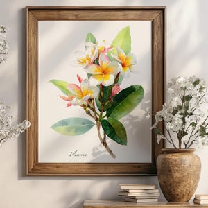 Plumeria Watercolor Wall Art – Tropical Flower Digital Print – Frangipani Botanical Instant Download