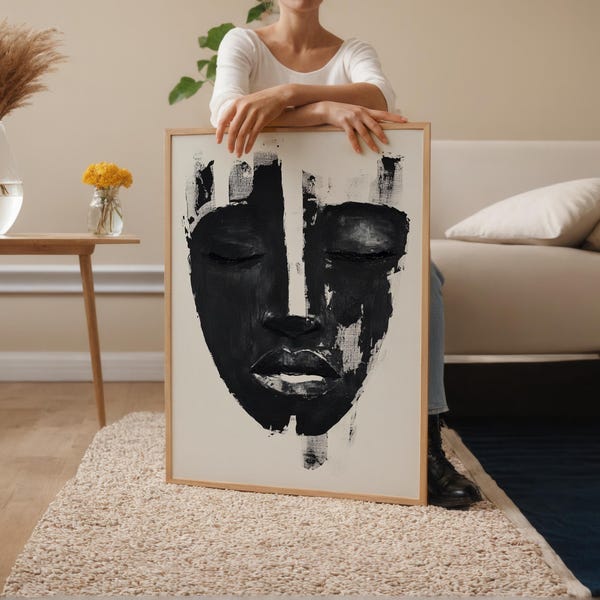 Portrait abstrait tribal africain - Art mural noir et blanc de style linogravure | Impression numérique de visage minimaliste pour une décoration moderne