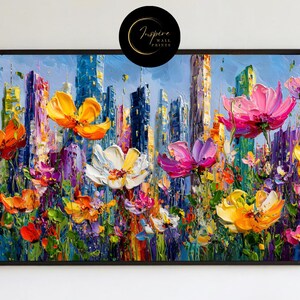 Colorful Floral Cityscape Digital Art – Vibrant Abstract Flowers & Skyscrapers Wall Print, Urban Garden Fantasy, Instant Download