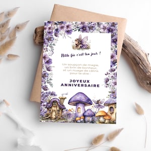 Carte anniversaire fille 1 à 6 ans – Thème fée violette – À imprimer ou envoyer – PDF numérique
