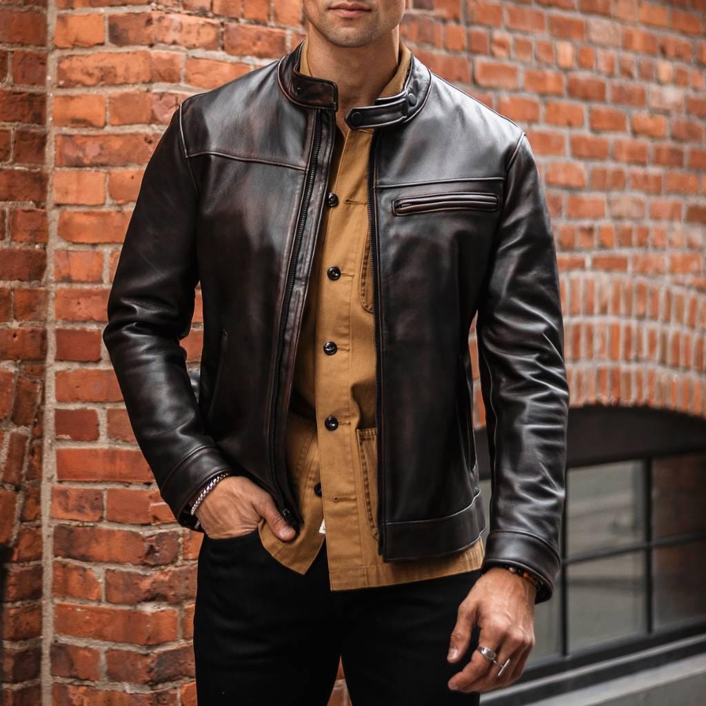 Giacca Di Pelle Stile Biker Vintage Marrone – Perfetta Per Un Look Retro Da Motociclista, Effetto Invecchiato Naturale