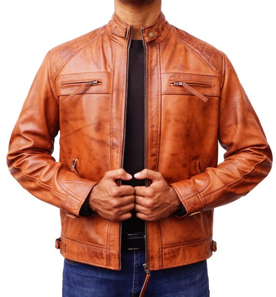 Herren Echtleder Biker Jacke Reißverschluss Kurz Klassisch Schwarz Braun Retro