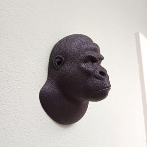 Può includere: Una scultura a forma di testa di gorilla marrone scuro montata su una parete bianca strutturata. La scultura è una rappresentazione dettagliata della testa e del volto di un gorilla, che ne mostra i lineamenti.