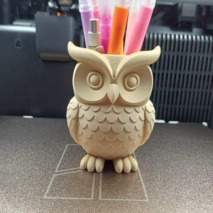May include: A light beige owl-shaped desk organizer holding various colorful markers and pens. The organizer is 3D-printed with a detailed design, featuring large eyes, a beak, and textured feathers. The owl sits on a textured surface.