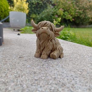 Op de afbeelding: Een gedetailleerd, bruin beeldje van een Schotse Hooglander, met lang, ruig haar en gebogen hoorns. De sculptuur staat op een betonnen oppervlak, met een vage groene achtergrond van bladeren en een tuin.