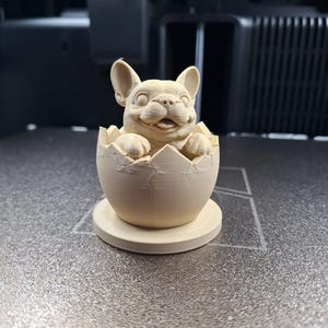 Op de afbeelding: Een 3D-geprint beeldje van een lachende Franse bulldog puppy die uit een gebarsten eierschaal komt. De lichtbeige sculptuur staat op een ronde basis en toont de poten en het hoofd van de puppy. De achtergrond is een 3D-printer.