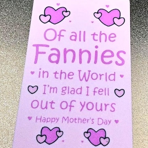 Op de afbeelding: Een lichtroze Moederdagkaart met de tekst "Of all the Fannies in the World, I'm glad I fell out of yours. Happy Mother's Day." De kaart heeft roze harten.