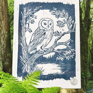 The Owl and the Moon: Twilight Owl (Limited Edition Lino Print/ Linocut, hand printed)