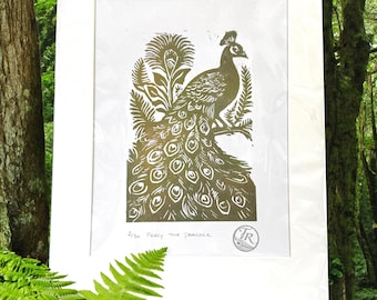 Percy the Peacock (Limited Edition original Lino Print/ Linocut, hand-printed art in Metallic)