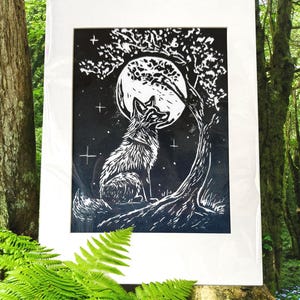 Le renard et la lune : renard de minuit (impression lino/linogravure originale en édition limitée, oeuvre d'art imprimée à la main)