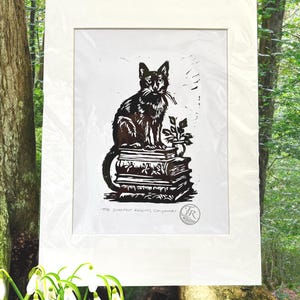The Purrfect Reading Companion Lino Print/ Linocut, hand printed (Black)