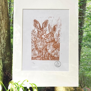 Spring Hares: Bronze Edition (Limited Edition Lino Print/ Linocut, hand printed)