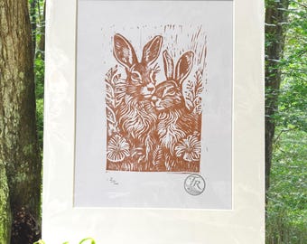 Spring Hares: Bronze Edition (Limited Edition original Lino Print/ Linocut, hand-printed art)
