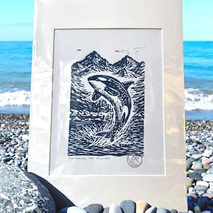 Shattering the Stillness: original Orca Lino Print/ Linocut, hand-printed art (Prussian Blue)