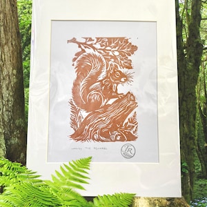 Harvey the Squirrel: original Lino Print/ Linocut, hand-printed art (Metallic Bronze)