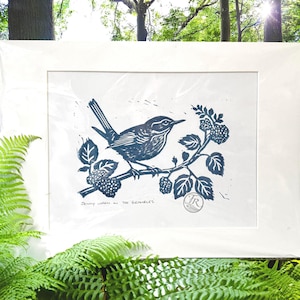 Jenny Wren in the Brambles Landscape Lino Print/ Linocut, hand printed (Prussian Blue)