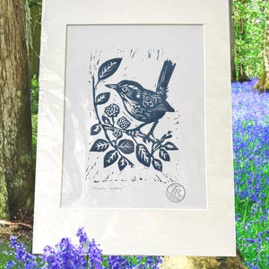 Jenny Wren Lino Print/ Linocut, hand printed (Prussian Blue)