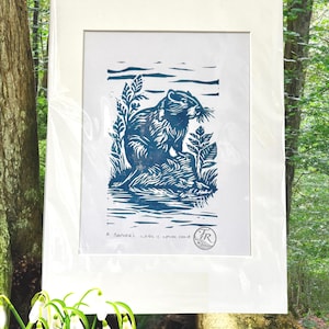 A Beaver's Work is Never Done: original Lino Print/ Linocut, hand-printed art (Prussian Blue)