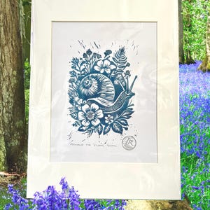 Armand the Floral Snail Lino Print/ Linocut, hand printed (Prussian Blue)