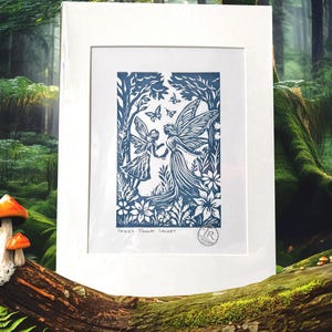 Fairies&#39; Forest Secret Lino Print/ Linocut, hand printed (Prussian Blue)