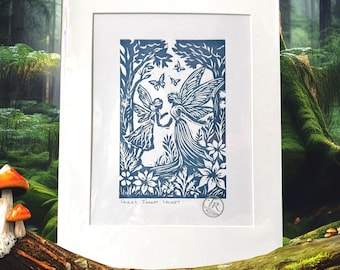 Fairies Forest Secret: original Lino Print/ Linocut, hand-printed art (Prussian Blue)