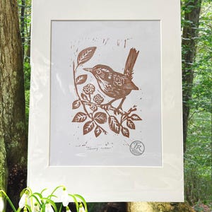 Jenny Wren Lino Print/ Linocut, hand printed (Metallic Bronze)