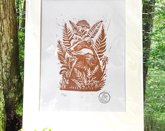 Bracken the Badger: Bronze Edition (Limited Edition original Lino Print/ Linocut, hand-printed art)