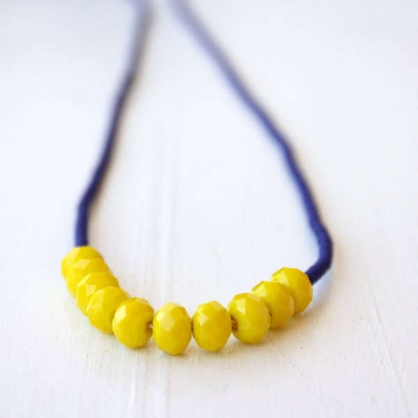 50 percent OFF Bright Yellow and Navy Blue beaded necklace / summer necklace / boho chic jewelry / yellow an blue Handmade