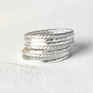 7 Handcrafted Sterling Silver Stacking Rings, Twisted & Hammered, Set of 7