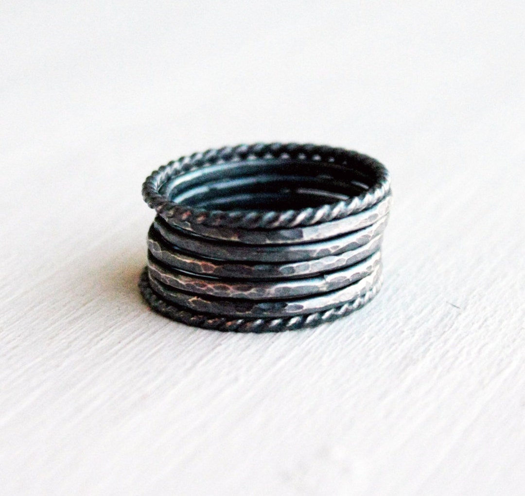 Seven Stacking Silver Rings / Hammered and Twisted Wire Stacking Rings ...