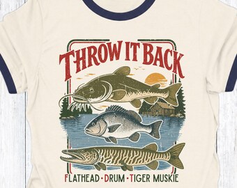 Anti-Trump retro ringer T-shirt voor visliefhebber, FDT anti-troef shirt, T-shirt flathead drum Tiger Muskie, grappig shirt politieke vis