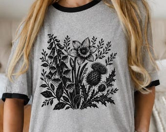 Retro Linocut FDT Botanical Ringer Shirt, Foxglove Daffodil Thistle Subtle Anti-Trump Floral Graphic Tee, Cottagecore Wildflower T-Shirt