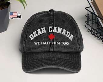 Gorra vintage bordada "Querida Canadá", gorra de béisbol canadiense desgastada, bordado, "Nosotros también lo odiamos", hoja de arce anti-Trump, "No está a la venta" VC