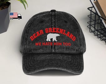 Grönland broderad keps, Kära Grönland Vi hatar honom också pappahatt, Vintage sliten basebollkeps, Anti-Trump broderad isbjörn
