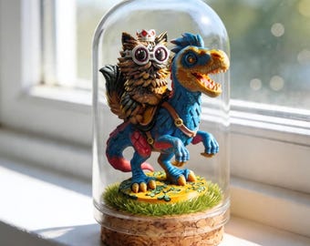 Dungeon Crawler Carl Princess Donut Figure In Glass Cloche, Mongoliensis Miniature, Game Fans Gift, Handmade Diorama, Gaming Desk Decor