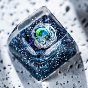May include: A square, clear resin paperweight with a miniature Earth encased within. The resin is filled with blue and purple glitter, resembling a galaxy. The Earth is a small, detailed globe with green and blue continents.